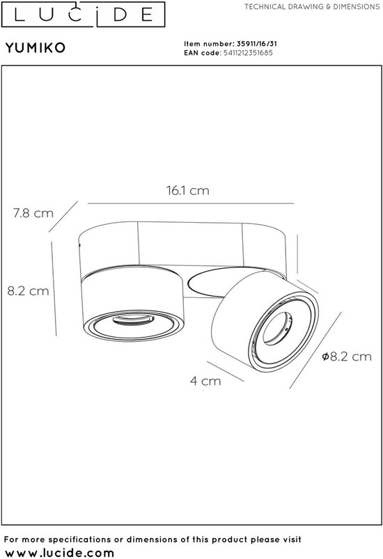 Lucide YUMIKO - Spot plafond - Ø 7,8 cm - LED Dim. - 2x8W 2700K - Blanc