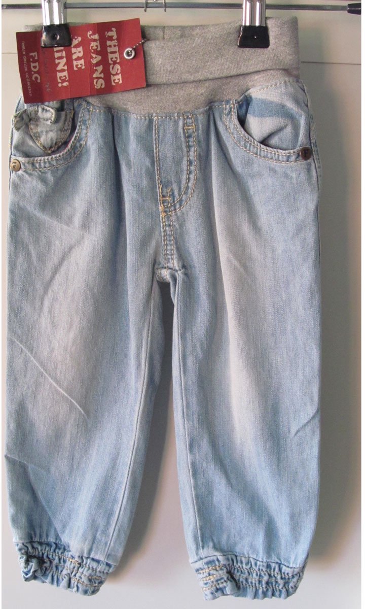 Feetje gebleekte jeans met brede elastische tailleband en strikje op achterkant maat 80