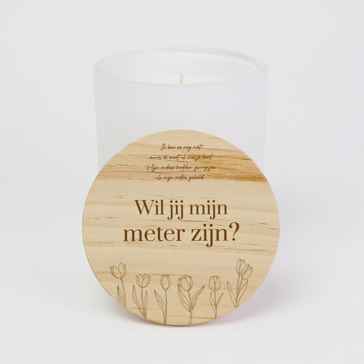Geurkaars in glas - Meter vragen - Wil jij mijn meter zijn - Geurkaarsen geschenkset - Geurkaars - WIT - Tulpen gravure design