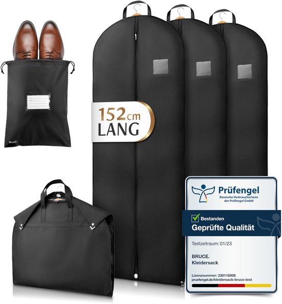Bruce.® 3x Premium Kledinghoes Kort met Rits 152 x 60 cm incl. 1x Schoenentas | Geoptimaliseerde materiaaldikte van 120 GSM | Hoogwaardige Kledingzak voor pakken, jassen en jurken | Ademende Kleding Hoes voor reizen en opbergen - Kledingtas