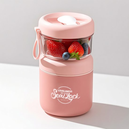 Pot de yaourt à emporter - 860 ml - Pot de muesli - Pots de flocons d'avoine pour la nuit - Pot à soupe - Tasse à lunch - Pot à lunch - Étanche - Isotherme - Avec cuillère - Lavable au lave-vaisselle - Acier inoxydable - Rose