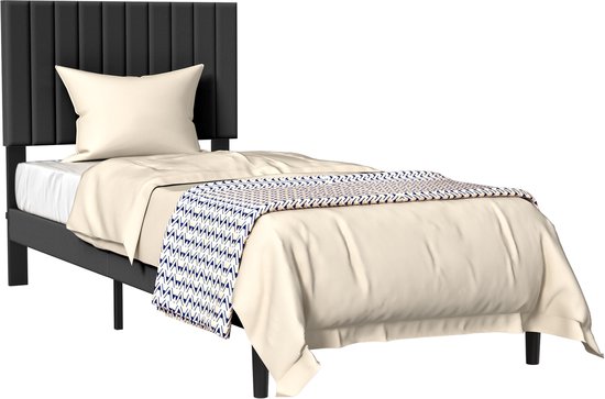 Cadre de lit Aufun Zwart 90 x 200 cm avec tête de lit en velours, cadre de lit rembourré aspect capitonné, lit plateforme avec sommier à lattes en bois, lit double pour Adultes au Design moderne