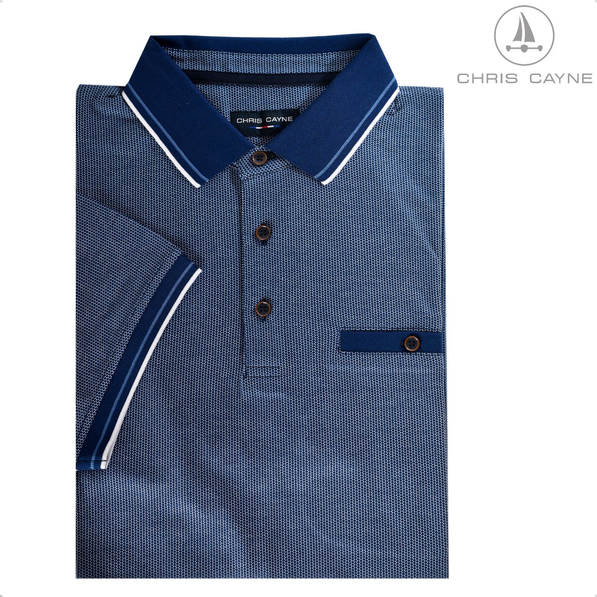Chris Cayne poloshirt - XXL - jacquard dessin - blauw/offwhite - luxe kraag - pique - stretch - borstzak - luxe polo - bruine knoopjes