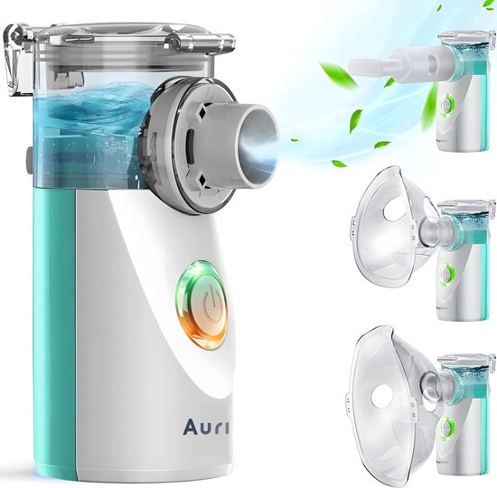 Auriva® Aerosoltoestel - Ultrasone Vernevelaar Inhalator – Inhalatieapparaat voor Kinderen, Volwassenen en Baby’s – Voor Luchtwegaandoeningen - Oplaadbaar - Incl. Maskers en reistas