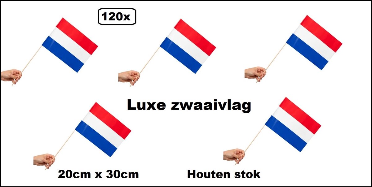 120x Zwaaivlaggetjes op houten stok Holland 20cm x 30cm - Luxe zwaai vlaggetjes Koningsdag thema feest voetbal festival uitdeel
