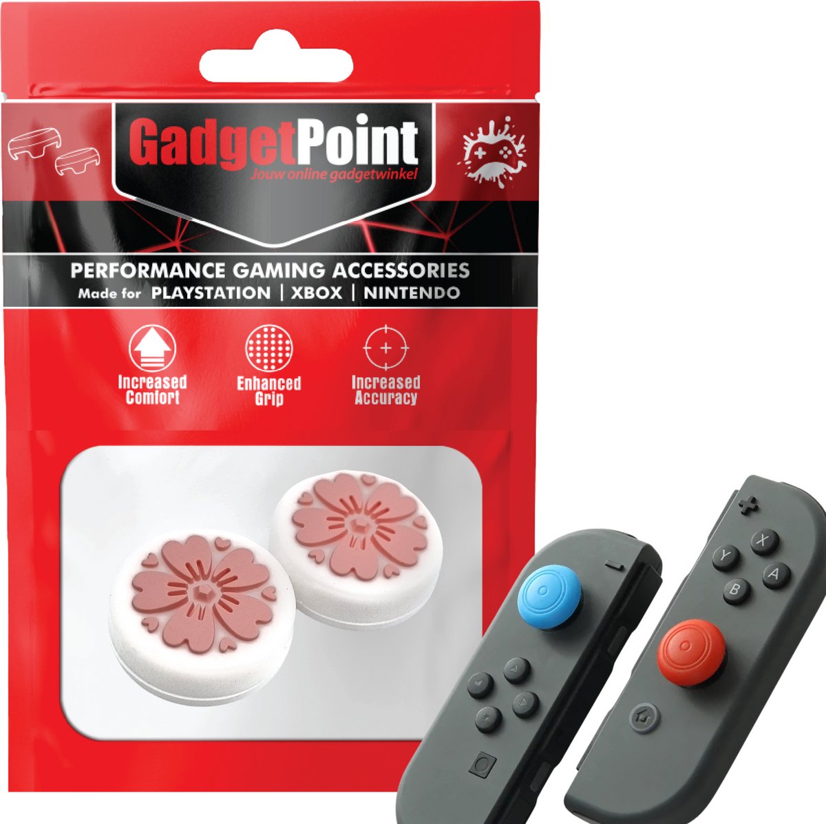 Gadgetpoint | Gaming Thumb Grips | Performance Thumbsticks | Accessoires geschikt voor Nintendo Switch Joy-Con Controller(s) | Thumbgrips | Bloemetjes Wit met Roze