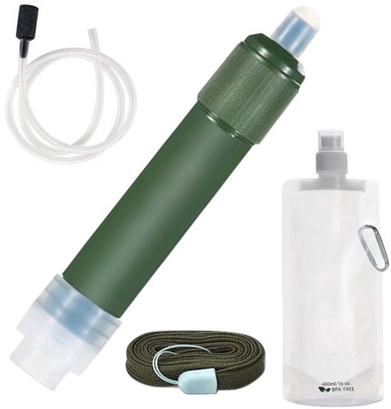 Waterfilter Survival - Lifestraw met opbergtas - Noodpakket - 4000 Liter - Personal Water Filter Straw - Zuiver & schoon drinkwater - Complete set - Waterfles - BPA-vrij