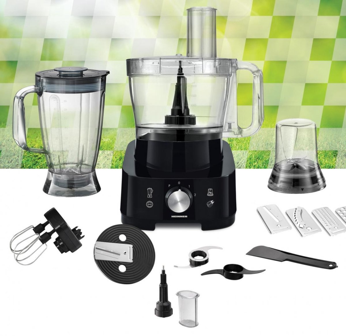 Heinner Multifunctionele Foodprocessor – 1000 W – Mengkom 3,5 L – Blender 1,8 L – 2 Snelheden en Pulsstand – Hak-, Kneed-, Snij-, Rasp-, Klop- en Maalfunctie – Zwart thumbnail 2