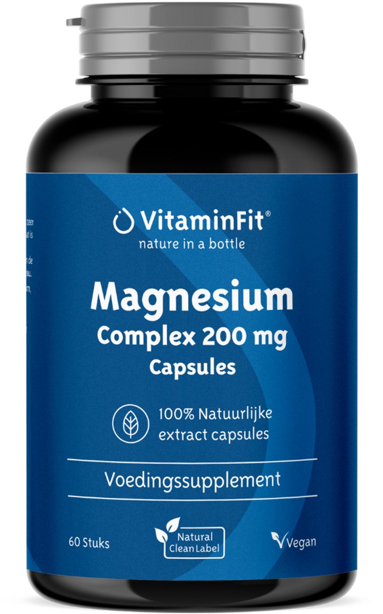 Goedkoopste VitaminFit Magnesium Complex 200mg - 100 Natuurlijk & Plantaardig - 60 Capsules - Comlex van Magnesiumbisglycinaat, -Citaat en -Malaat