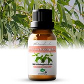 Een flesje biologische Citroen Eucalyptus etherische olie met een etiket van Zenful.