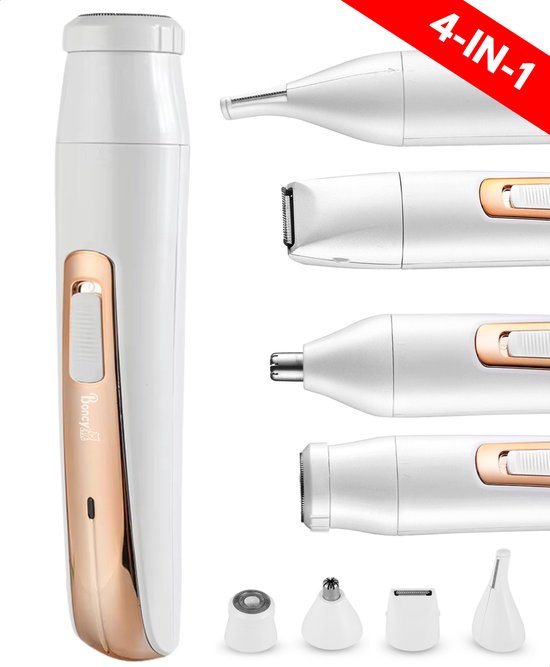 Witte 4-in-1 ladyshave met verschillende opzetstukken en losse koppen.