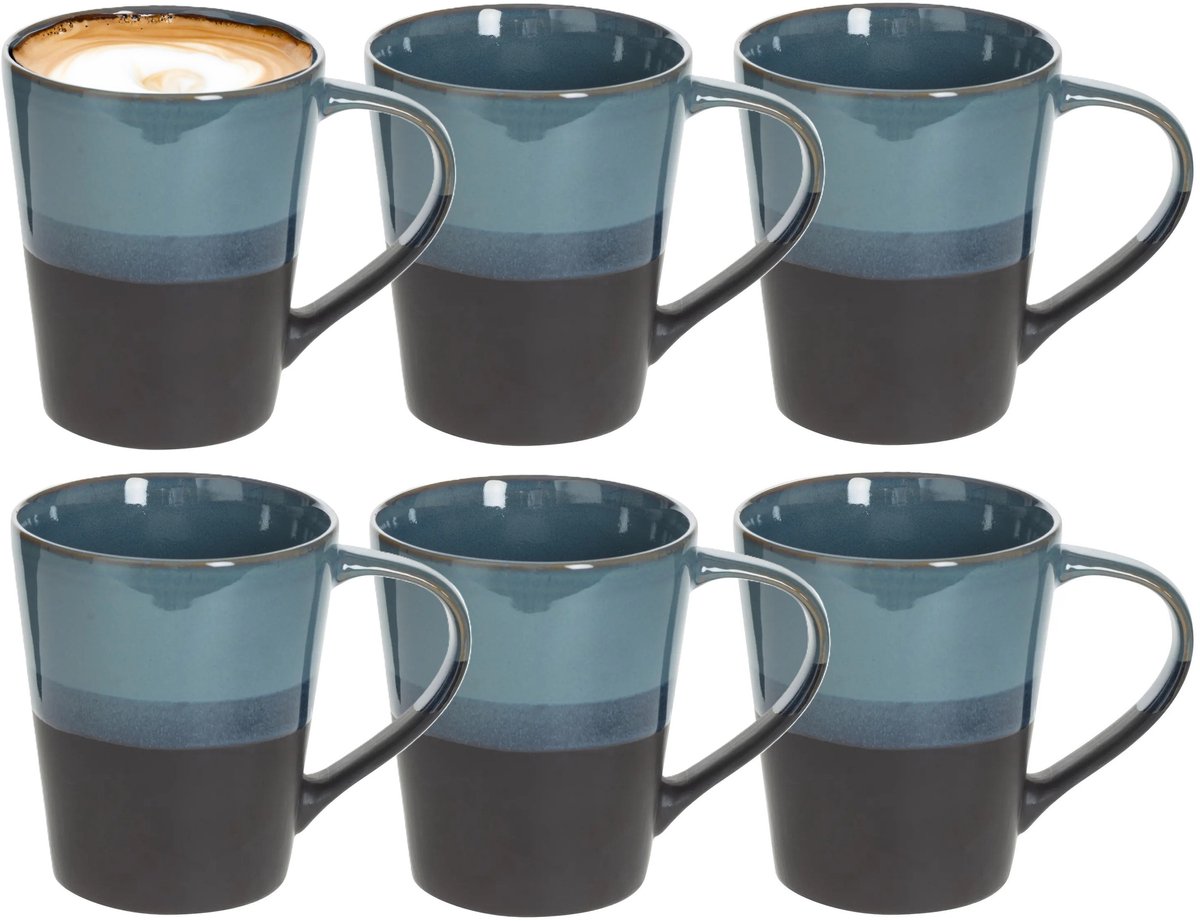 Secret de Gourmet Koffiemokken Lagune - 6x stuks - Keramiek - blauw/grijs - 360 ml - 9 x 10 cm