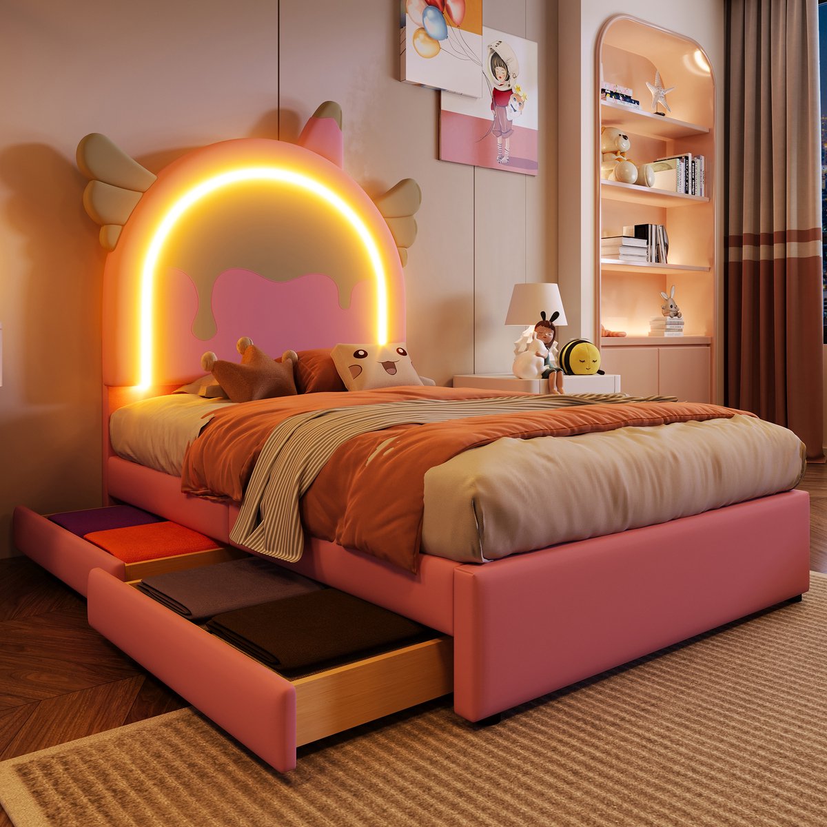 Kidsleep Gestoffeerd bed - 90 x 200 cm - zonder matras - met lichtstrip - bed met 2 lades - eenhoornvorm - PU - roze