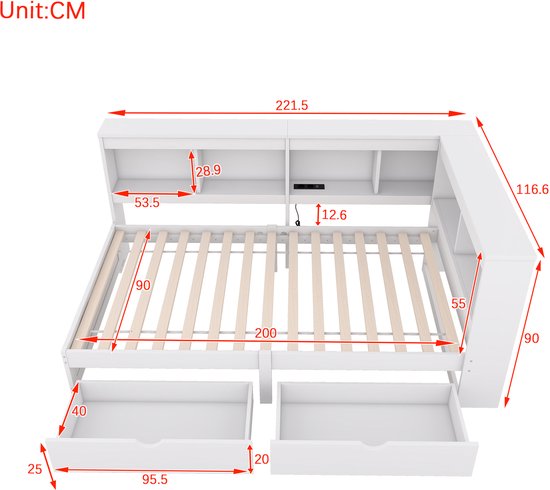 Méridienne - 90 x 200 cm - Canapé-lit deux tiroirs - Avec prise de courant et 2 ports USB - Sans matelas - Aggloméré - Wit