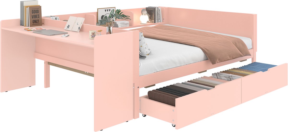 Plat bed - houten bed - 140x200cm - met bureau - voorzien van 2 lades - tweepersoonsbed - zonder matras - grenen spaanplaat - roze