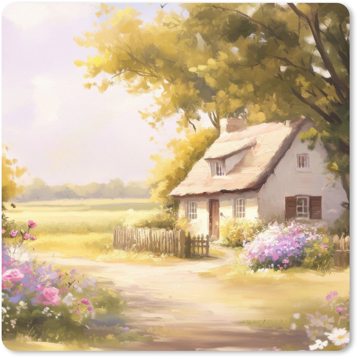 Muismat XXL 40x40 cm - Bureau onderlegger - Bureau mat Huisje - Hout - Bloemen - Bureaumat - Gaming mousepad xl - Bureaulegger groot - Computer deskmat