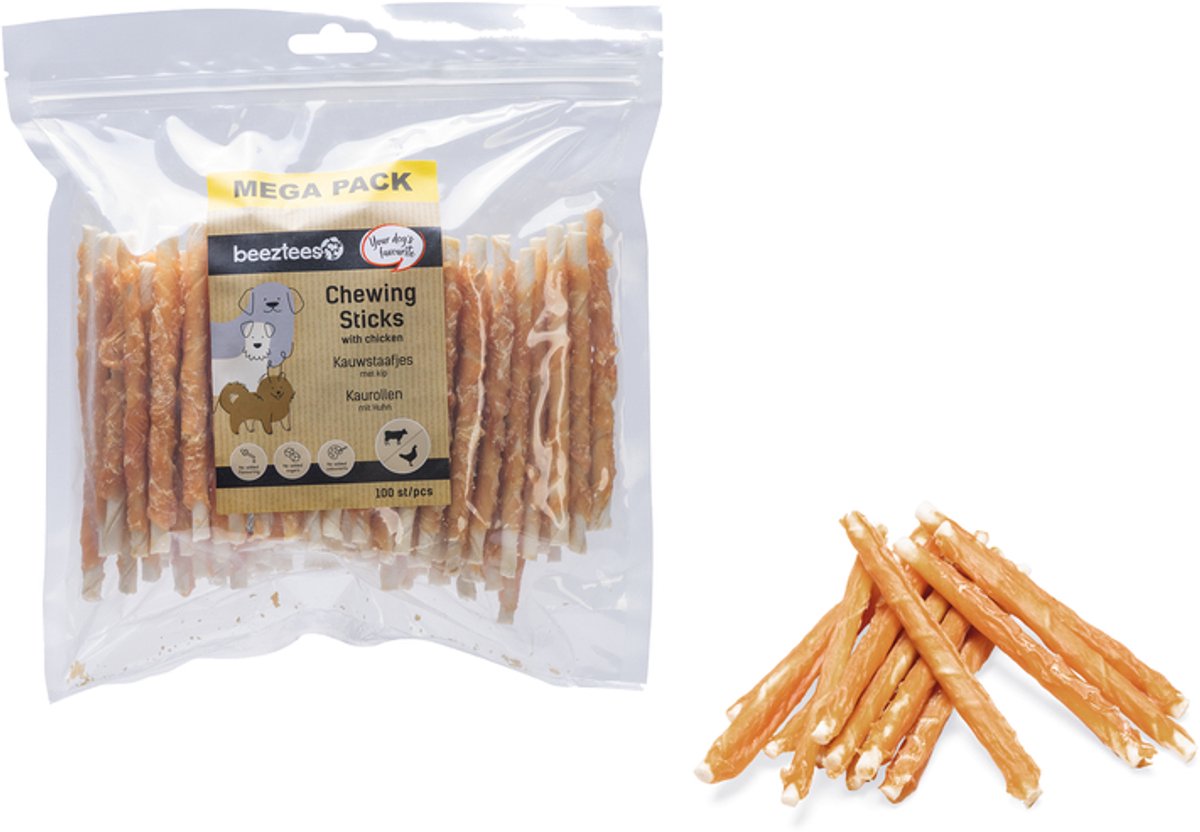 Beeztees Kauwstaaf Kip 100 stuks - 12,5 cm - Mega Pack - Hondensnacks - Kauwstaafjes Hond - Rund met kipsmaak