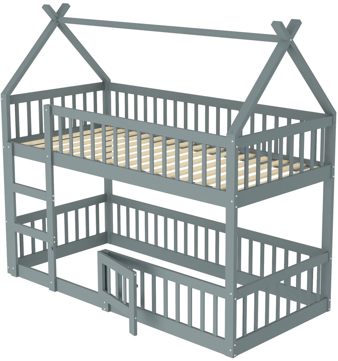 Merax Stapelbed of Hoogslaper 90x200 cm voor Kinderen – Massief Houten Huisbed met Trap – Grijs Bedframe met Veiligheidshek en Open Deurtje – Bed - Jongens en Meisjes