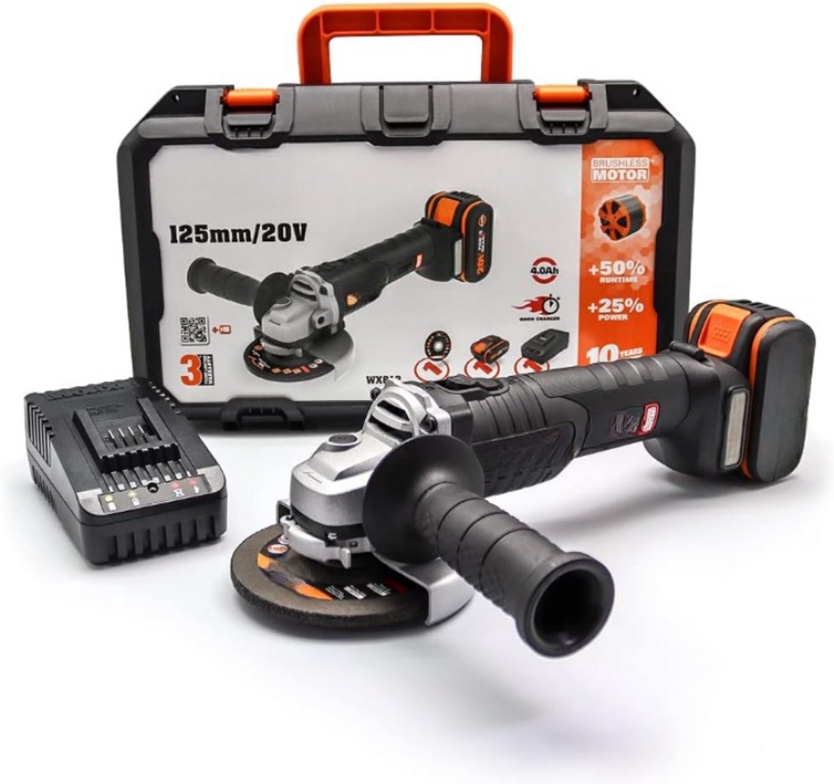 Slijptol - Accuslijper - Haakse Slijper - Draadloze Slijptol - Elektrische Slijpmachine -125mm - 20 V - Incl. 1 x 4000 mAh Accu - Oplader Koffer - Borstelloze Motor - Slank Lichaam voor Betere Grip - 10 x 30 x 7.6 cm - Zwart