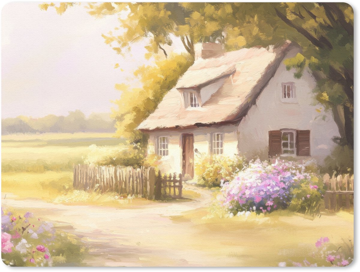 Muismat 23x19 cm - Mousepad Huisje - Hout - Bloemen - Muismatten