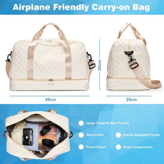 YONO Sac de voyage - Sac week-end - Sac Duffel - Femme - Homme - Bagage à main - 50x30x25 - Beige Champagne