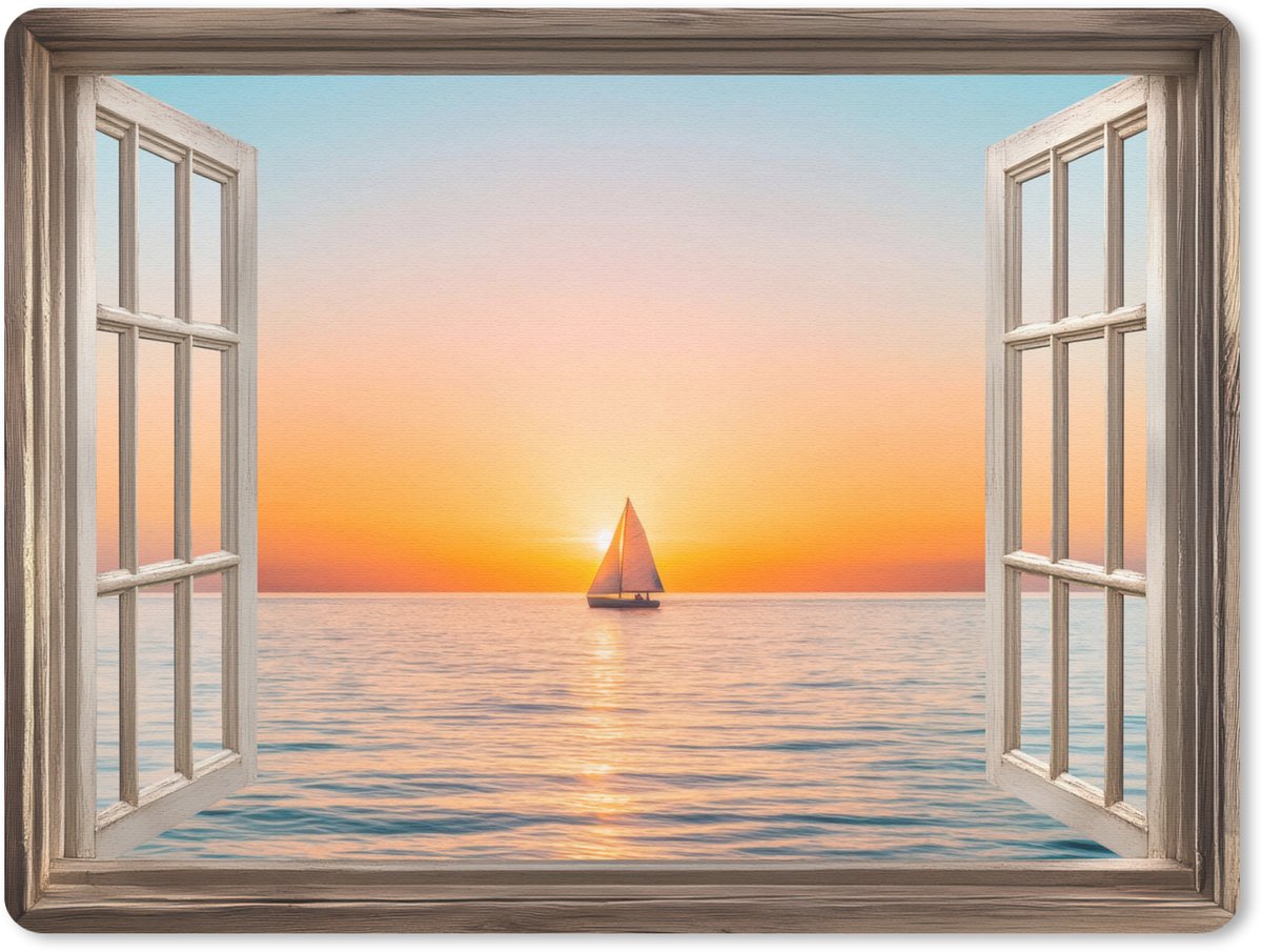 Muismat 23x19 cm - Mousepad Doorkijk - Zee - Boot - Zonsondergang - Muismatten