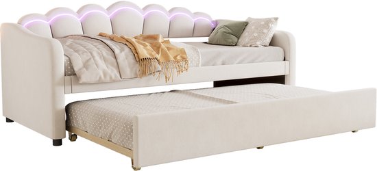 Méridienne - Méridienne 90x200cm avec lit gigogne - canapé-lit - lit simple - sans Matras - velours - lumière d'ambiance changeante de couleur - beige