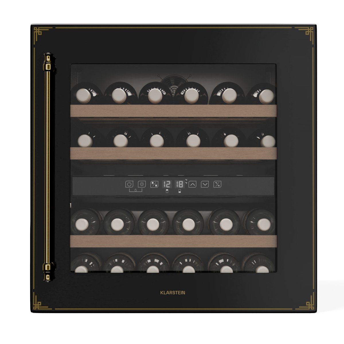 Klarstein Wijnkoeler Vinsider Victoria 36 – 36 flessen, 2 zones, 5–22 °C, touchbediening, LED, UV-bescherming, inbouw, zwart - Wijnkoelkast - 41 dB - voor Bar - Stil Houten Schappen Temperatuurregeling - Wijnklimaatkast - Wijnkast