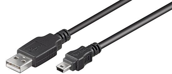 Zwarte USB-A male naar USB Mini-B male kabel, met gegoten connectoren.