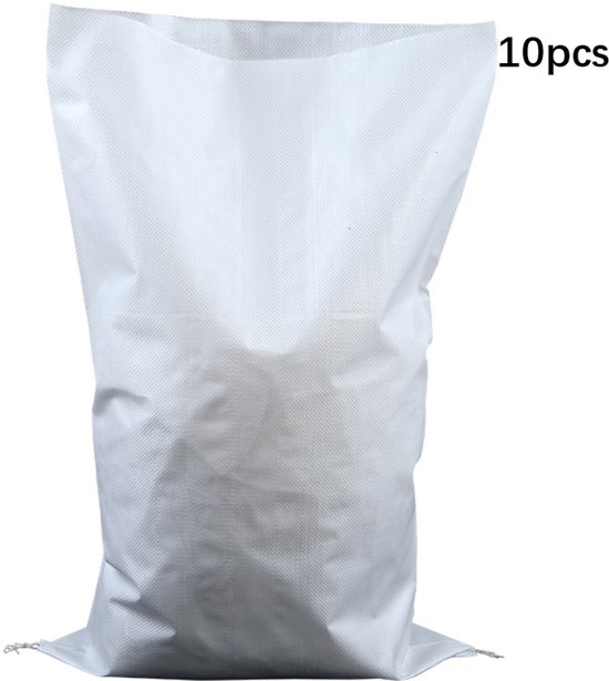 Een staande, lege, witte geweven logistieke zak met een fijne, geweven textuur. '10pcs' staat rechtsboven.