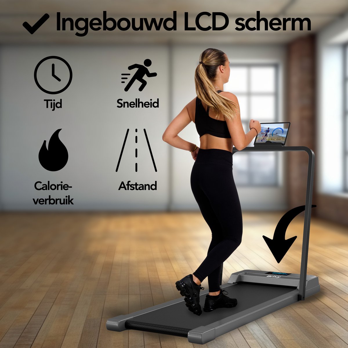 Afbeelding 2 van Brixy Loopband - 1-10km/u - Wandelband - LED Display & Afstandsbediening - Bluetooth - App - Walking Pad - Antraciet