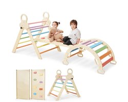 FINOOS Opvouwbare Driehoek + Klimboog + Helling met Klimrek/Glijbaan - Pikler - Montessori Meubels Houten Speelgym (Regenboog)