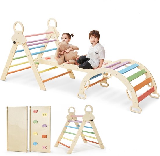 FINOOS Opvouwbare Driehoek + Klimboog + Helling met Klimrek/Glijbaan - Pikler - Montessori Meubels Houten Speelgym (Regenboog)