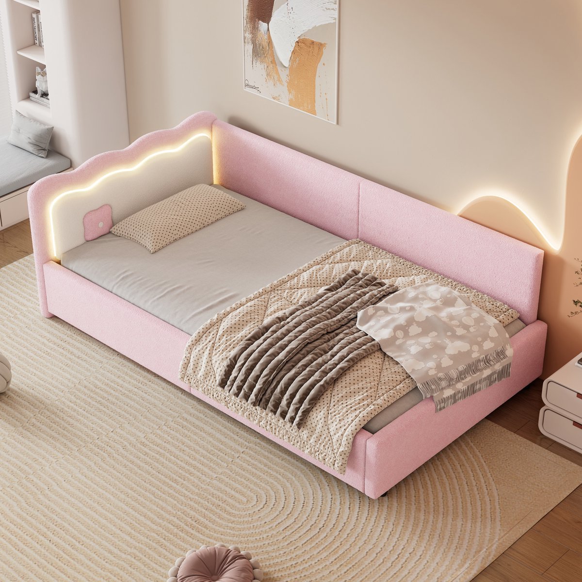 Dagbed - Slaapbank - 90*200cm - LED sfeerverlichting met afstandsbediening - zonder matras - Non-woven stof - Roze