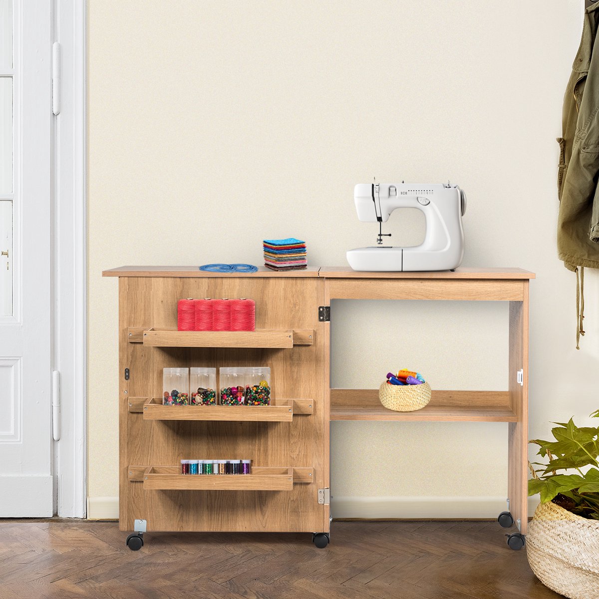 COSTWAY 2-in-1 naaimachinekast, inklapbaar, bureau, multifunctionele naaimachinetafel met legvlakken, 18 klemmen en verborgen bakken, naaitafel met vergrendelbare wielen, wit