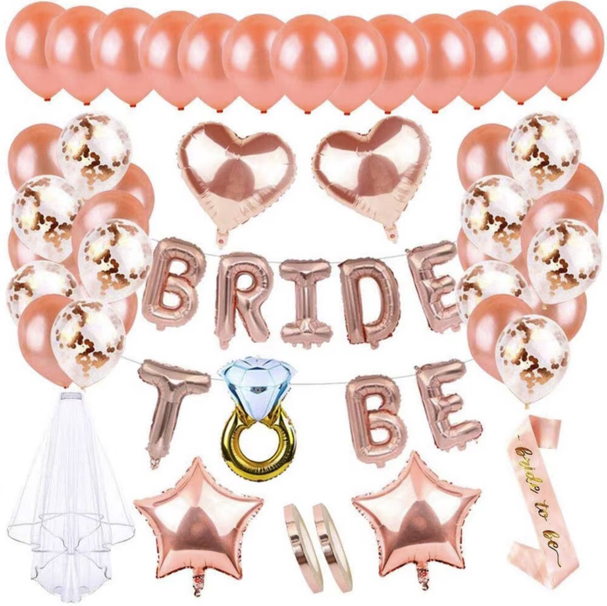 R&O deco BRIDE TO BE - Feestversiering 37 stuks - Ballonnen, Sluier & Sjerp - Vrijgezellenfeest, Bachelorette party, Huwelijk, Roze, Rosé Goud,Trouwen, Trouwfeest, Ring