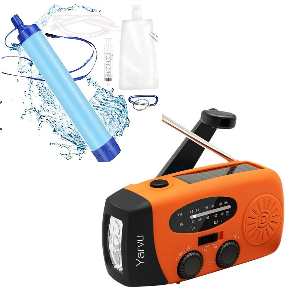 Noodpakket 6 IN 1 Noodradio + Waterfilter Set - Opwindbaar + Zonneenergie + Nood Radio Op ingebouwde Batterijen ( Accu ) - Solar - Voor Rampen - Draagbare - FM AM - Blauw