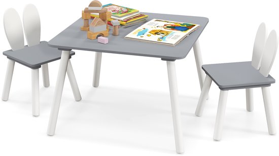 COSTWAY Kindertafel Met 2 Stoelen, 3 Delige Houten Kinderzitgroep Omkeerbaar En Afneembaar Tafelblad Kinderschildertafel Opbergruimte Kindermeubelzitgroep Voor Vanaf Jaar Lichtgrijs 2027740011