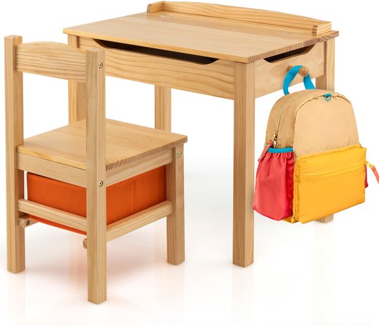 COSTWAY Kindertafel met stoel, kinderzitje van massief hout