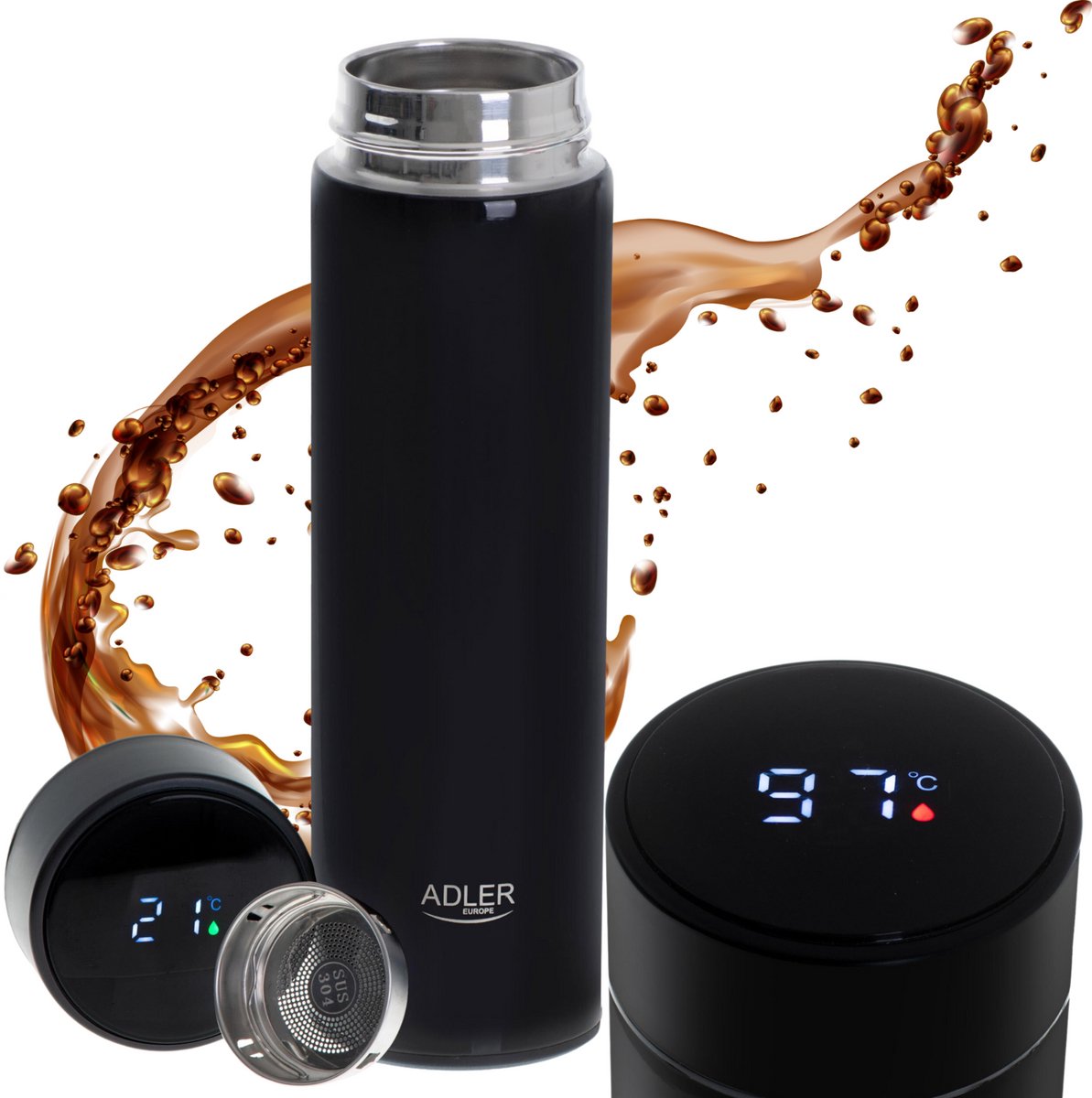 THERMISCHE MOK THERMOS 473ml LED MET TEMPERATUUR VOOR KOFFIE THEE VOOR AUTO ADLER | AD4506BK