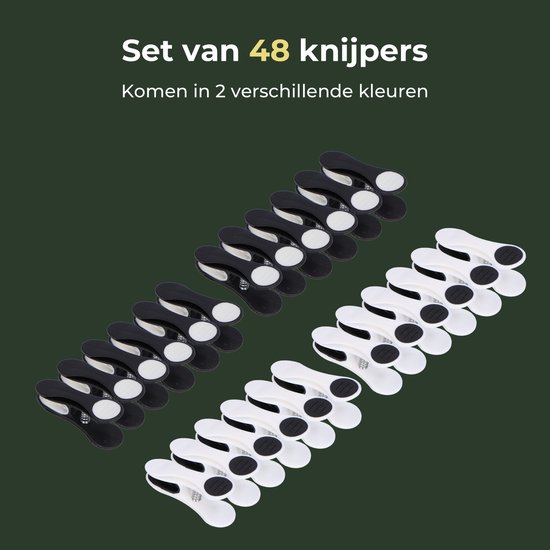 Set van 48 knijpers, in zwart en wit, op een groene achtergrond.
