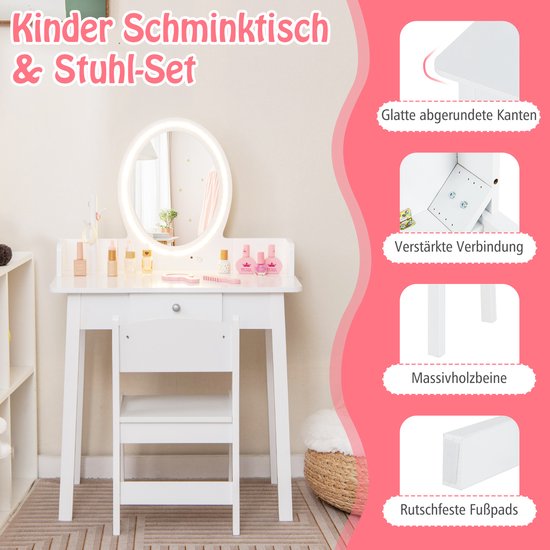 COSTWAY Kinderkaptafel Beervorm met LED-Verlichting – Houten Make-uptafelset met Spiegel, Kast, 5 Laden en Vakken, Kaptafel Prinses voor Meisjes vanaf 3 Jaar (Roze