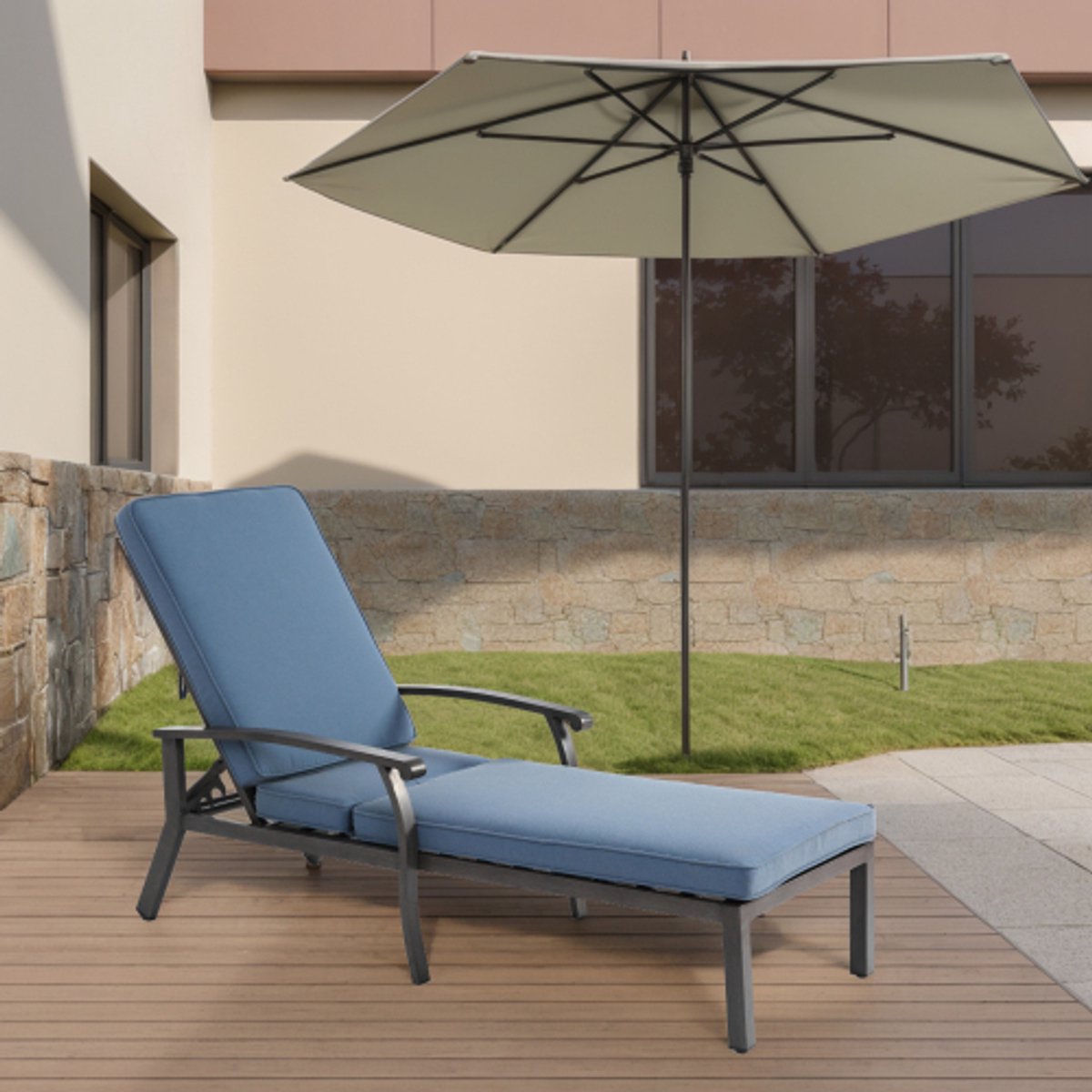 Lounge Patio Stoel met Katoenen Kussen, Verstelbare Ligstoel met Roestwerende Aluminium Ligstoel voor aan het Zwembad, Waterbestendig Blauw Kussen (1 st.)