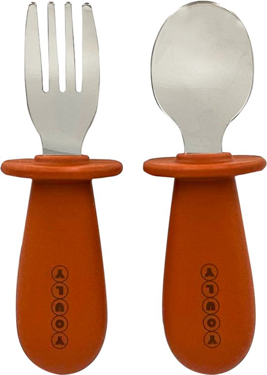 Youly® Couverts pour enfants Marron Rouille - Couverts Bébé - Sans BPA - Acier Inoxydable - Siliconen - Durable - Solide - Cuillère et Fourchette