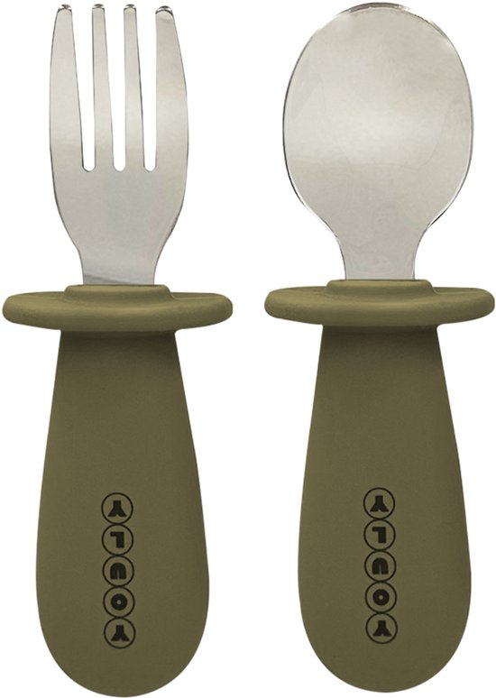 Couverts Couverts pour enfants Youly® - Cuillère et fourchette - Couverts Bébé - Services de table en Siliconen Bébé - Acier inoxydable - Grijs kaki