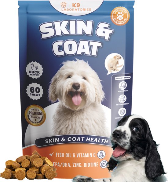 K9 Laboratories - huid & vacht - supplement - voor honden - met vachtproblemen - huidproblemen - Omega vetzuren - Noorse zalmolie - 60 stuks - voor glanzende vacht - gezonde huid - tegen jeuk en haarverlies