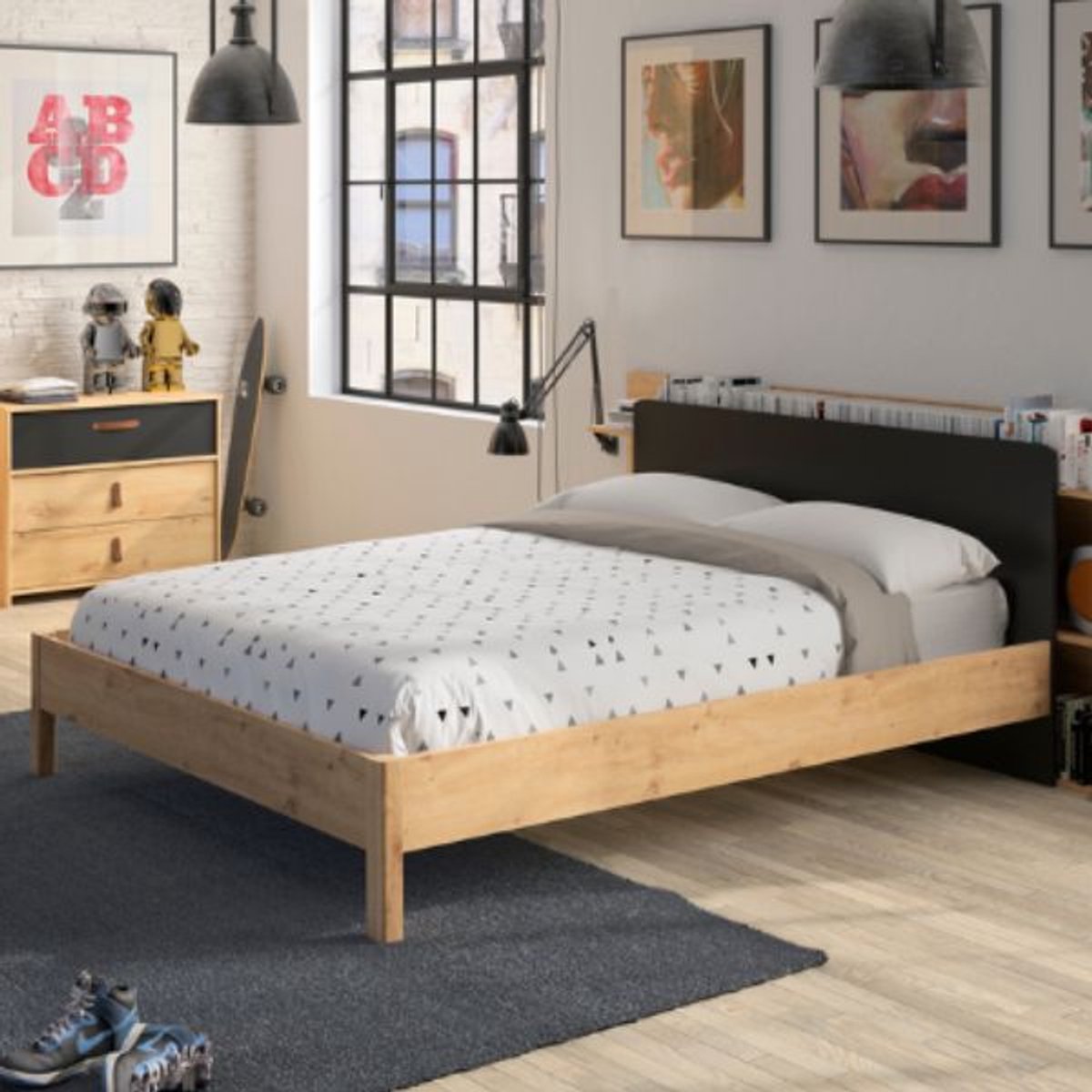Tweepersoonsbed Liam 140x190 - artisan eik - Gautier - Gami - Tweepersoons bedkader - Bruin - Spaanplaat Tweepersoons Normaal bed