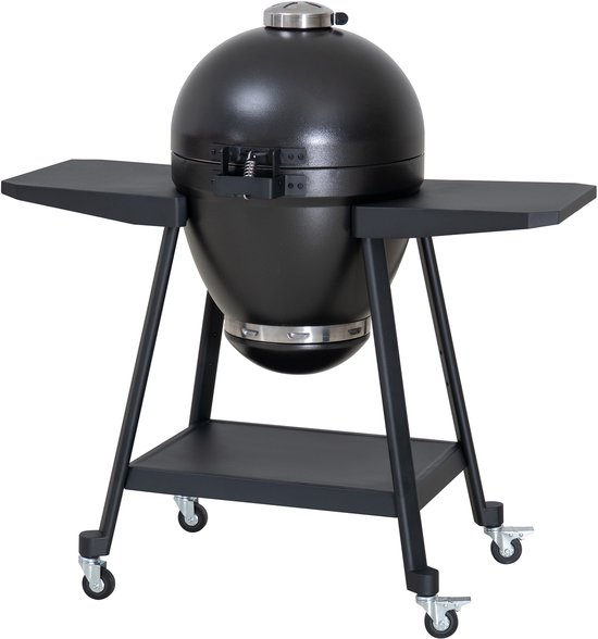 Zwarte eivormige grill met bijzettafels, plank en wieltjes.