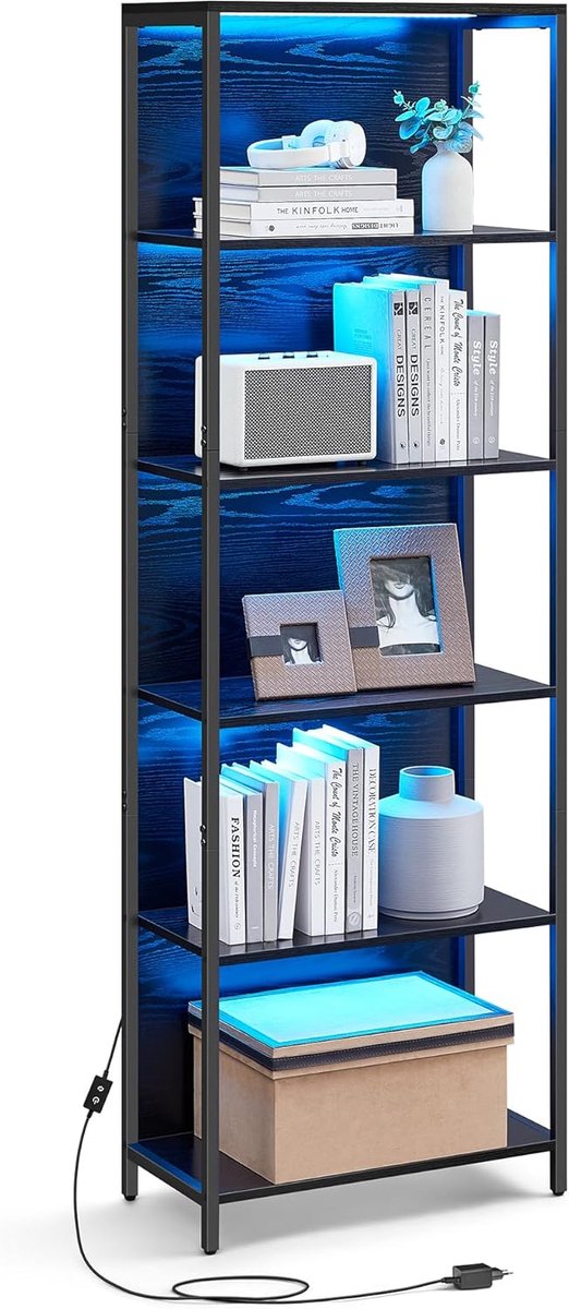 FurnStar Boekenkast met 6 niveaus - Staand rek met verstelbare ledverlichting - Rek met stalen frame - 30,3 x 60 x 178,6 cm - Voor woonkamer slaapkamer werkkamer - Ebbenzwart EbenhoutZwart