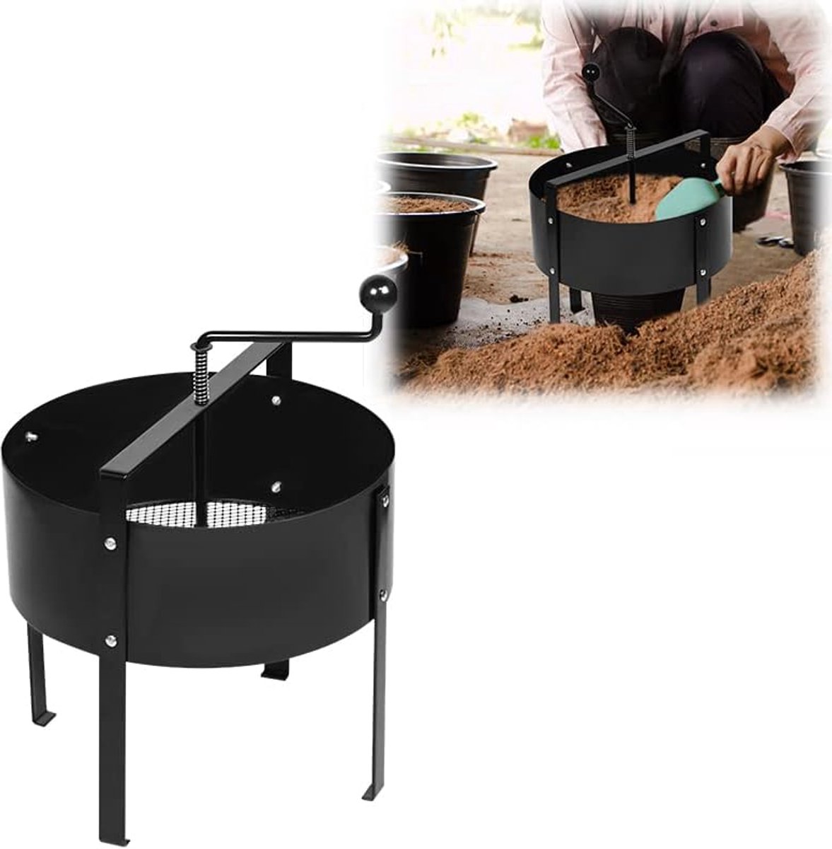 Aufun Tuinzeef Handzwengel Compostzeef Metalen Grondzeef, Composteerder Voor Het Scheiden Van Steen, Onkruid, Compost, 40 x 45cm, Zwart